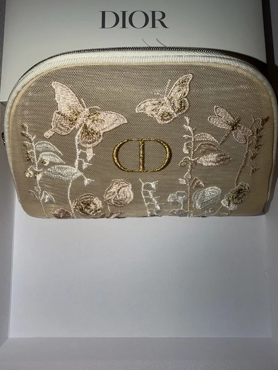 Dior Beige Embroidered Butterfly & Floral Cosmetic Pouch with Gold CD Logo - Picture 1 of 2
